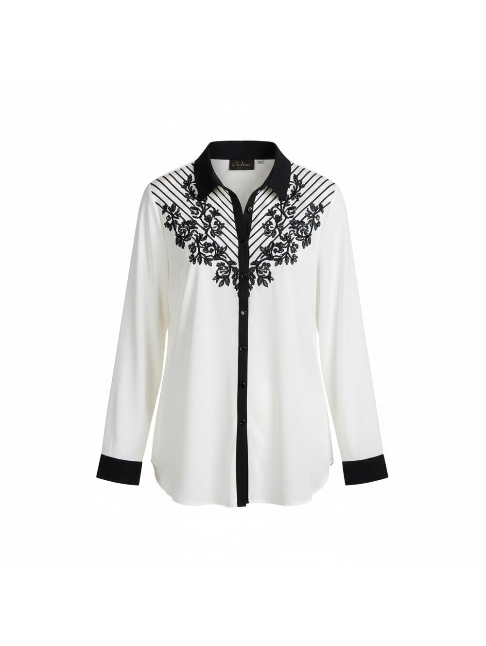 Bob Mackie Wearable Art Embroidered Button Up Blouse White Black